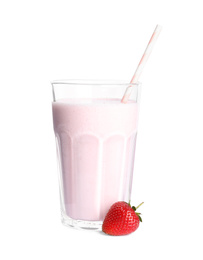 Photo of Tasty strawberry milk shake and fresh berry isolated on white