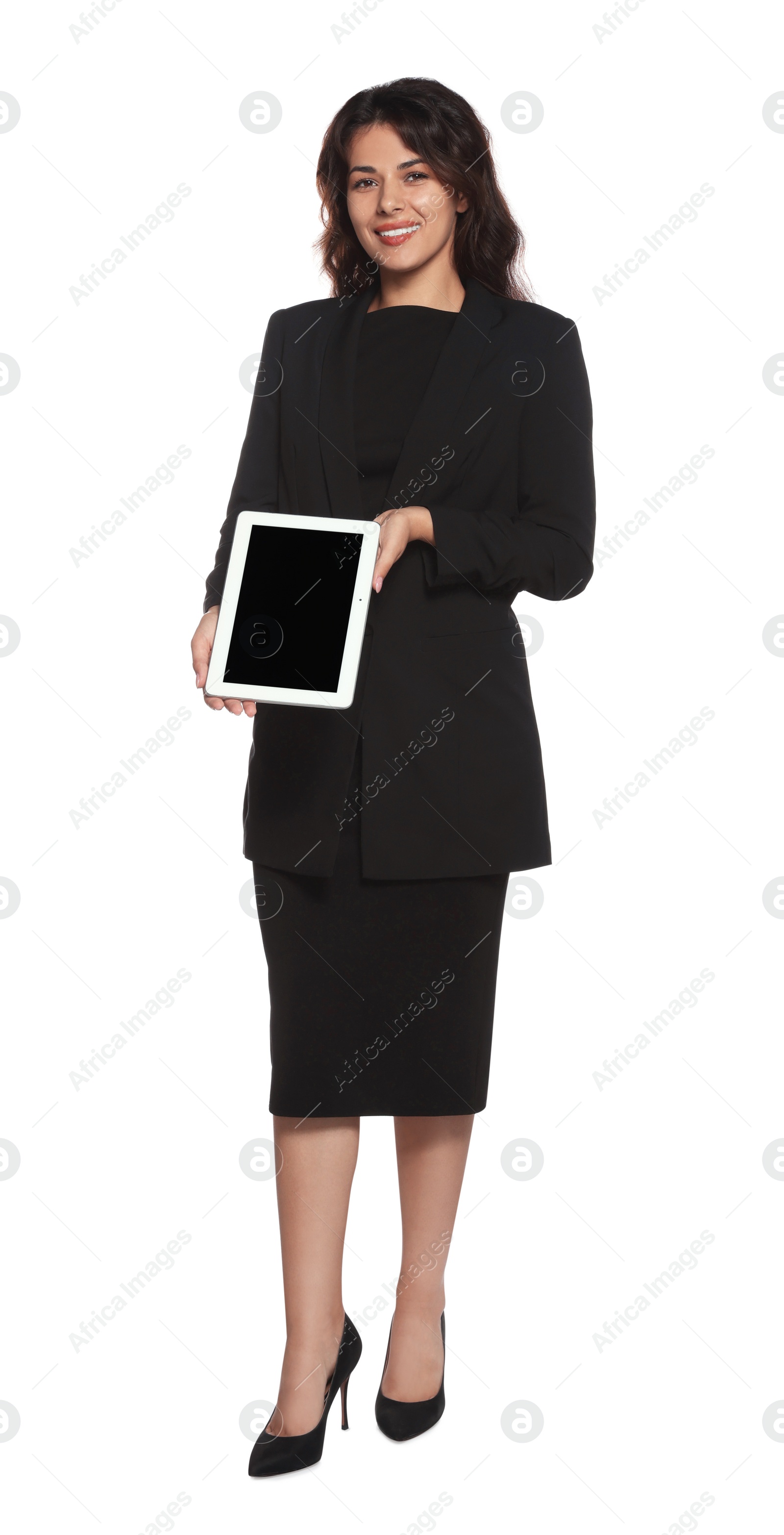 Photo of Full length portrait of hostess in uniform with tablet on white background