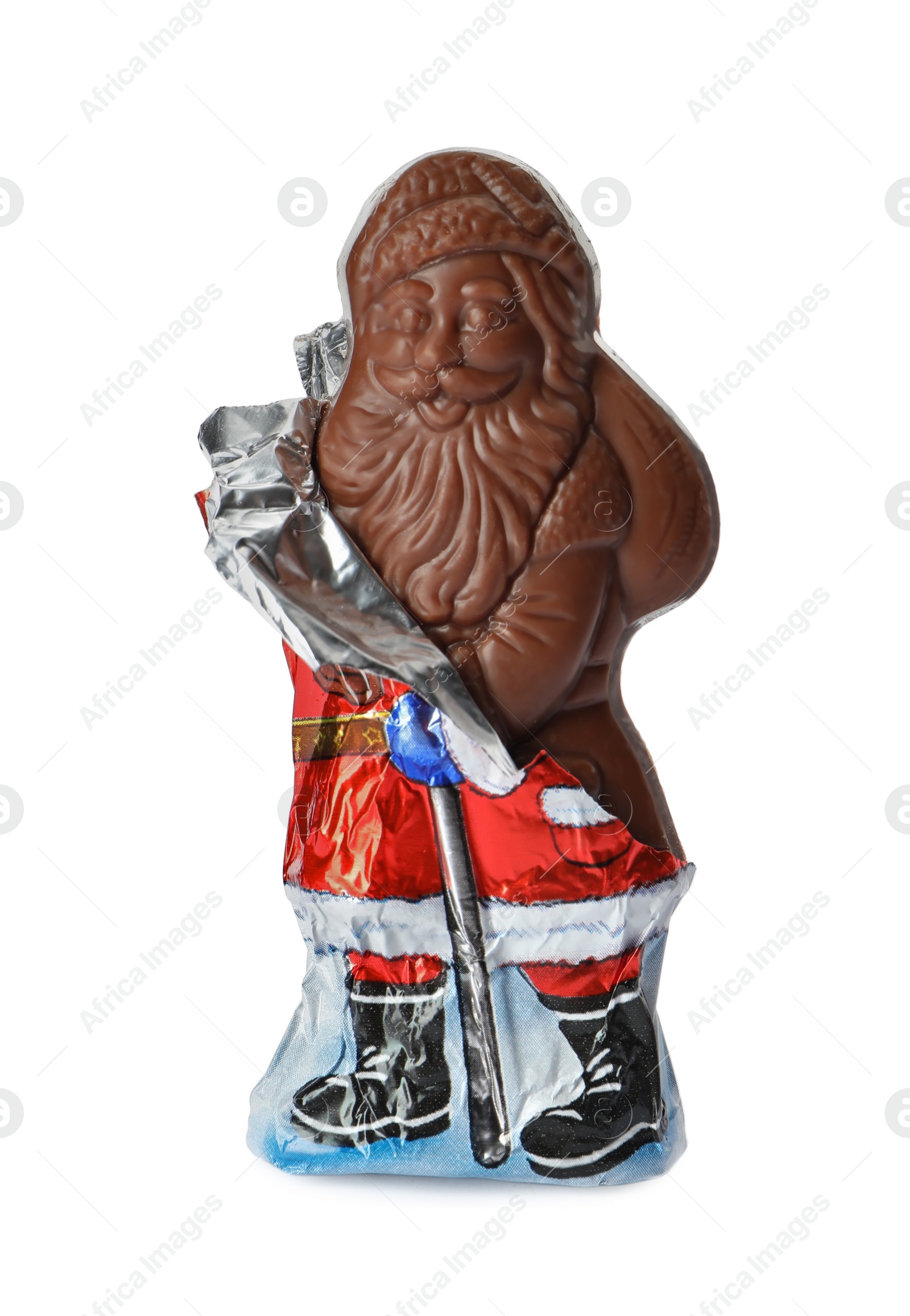 Photo of Sweet chocolate Santa Claus candy in slightly open foil wrapper isolated on white