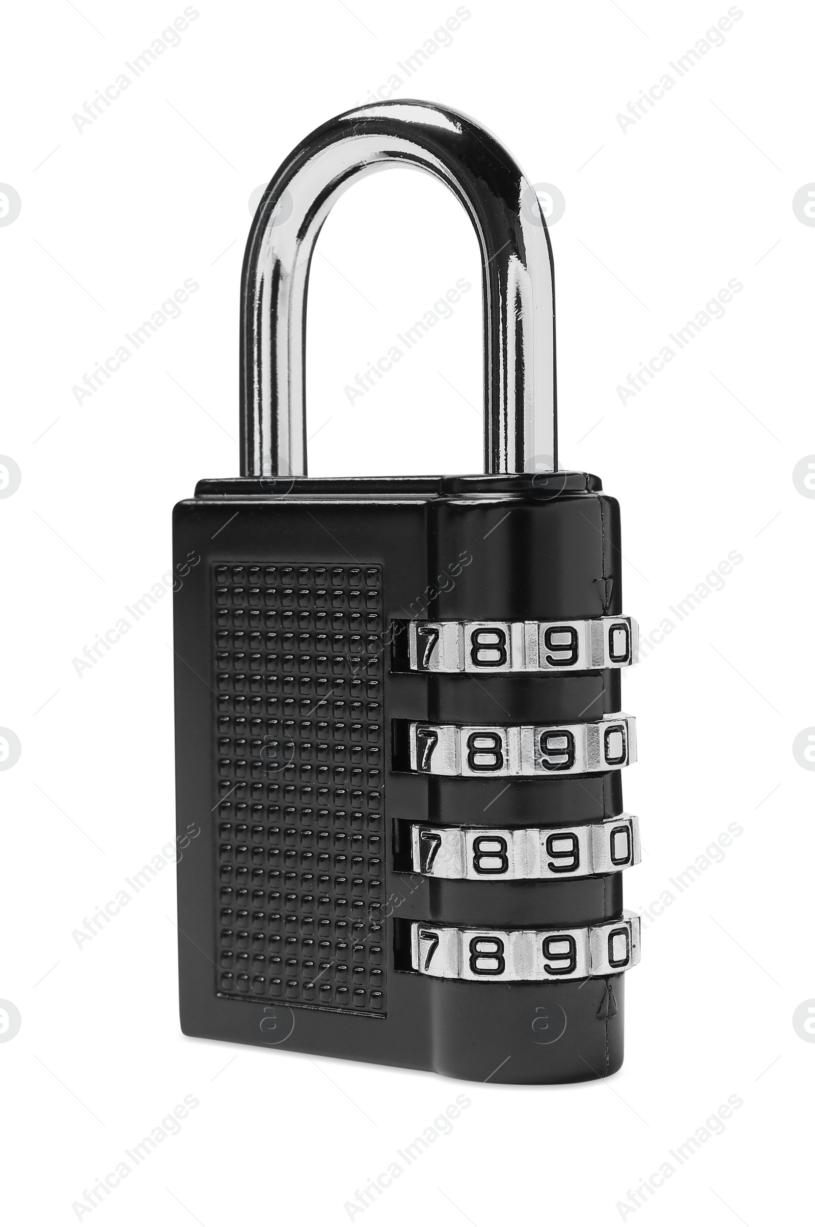 Photo of Locked steel combination padlock isolated on white