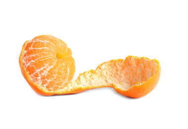 Photo of Peeled fresh juicy tangerine with zest isolated on white