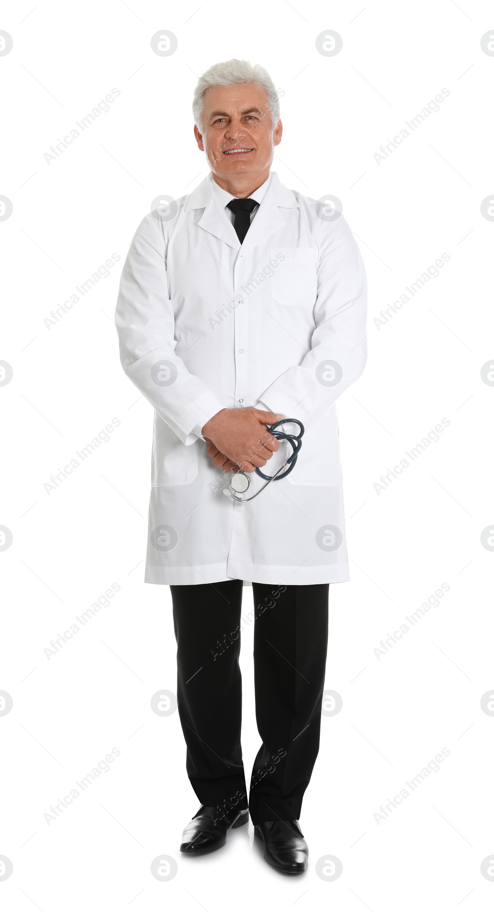 Photo of Full length portrait of male doctor with stethoscope isolated on white. Medical staff