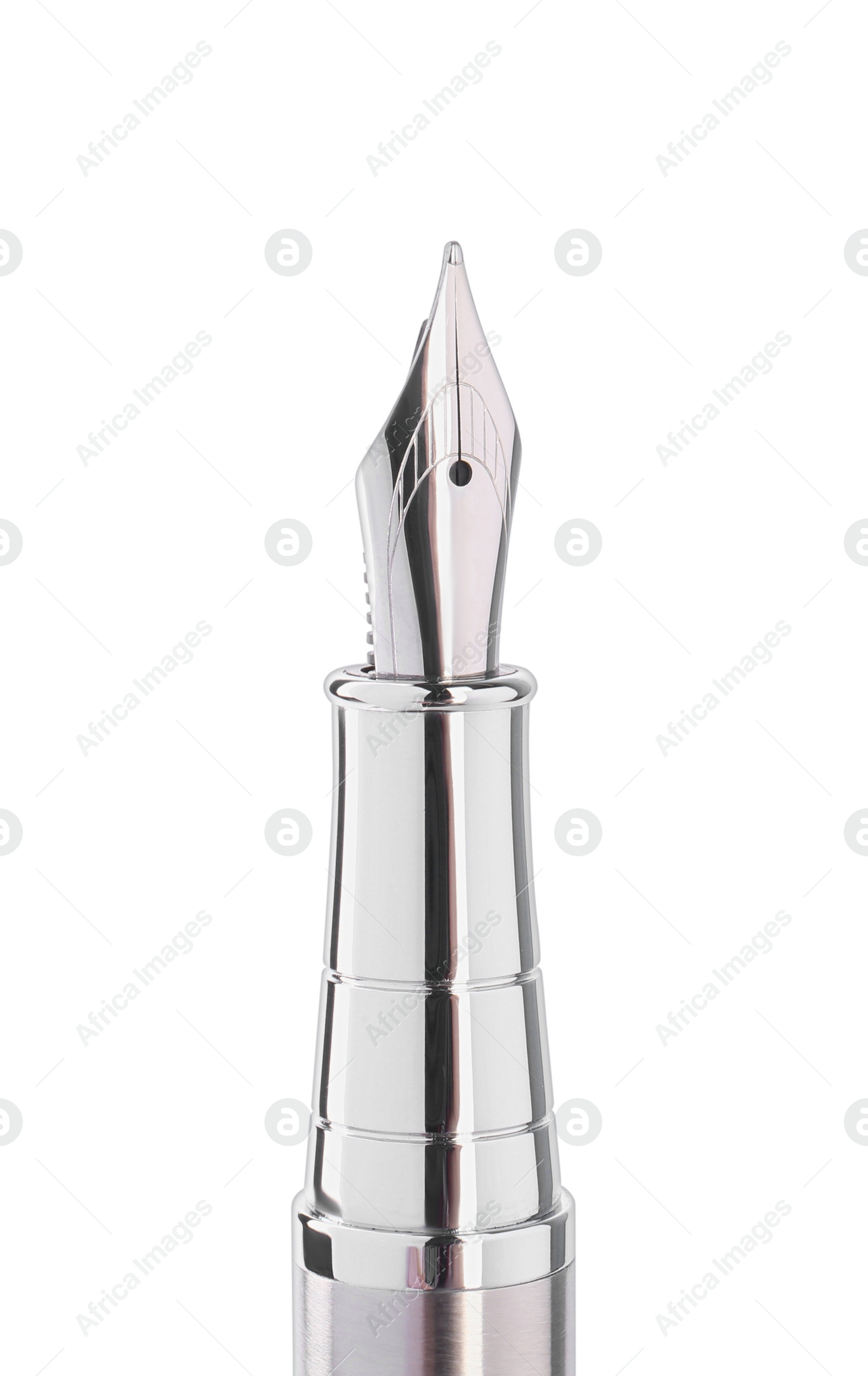 Photo of Stylish silver fountain pen isolated on white