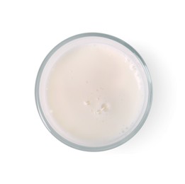 Photo of Glass of fresh milk isolated on white, top view