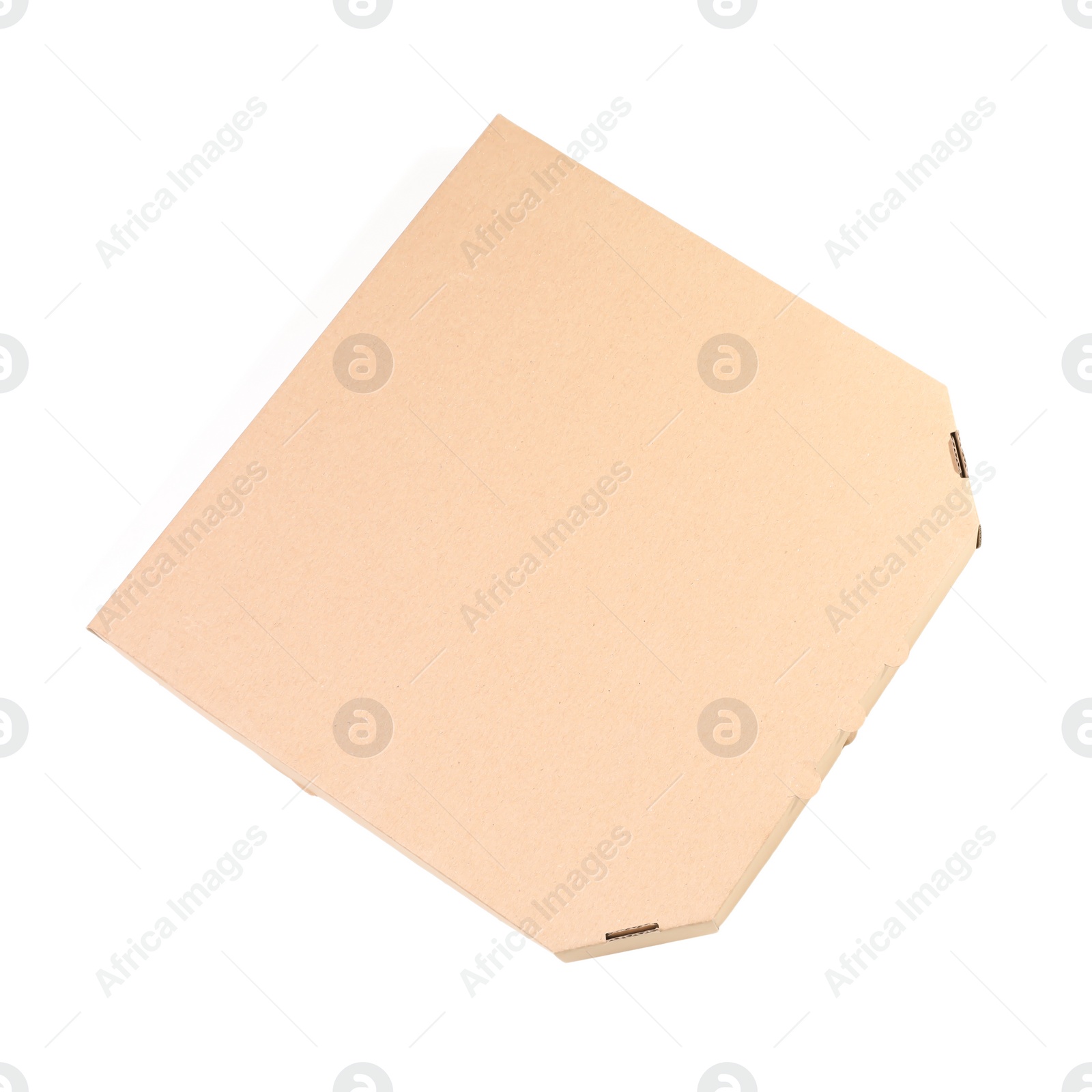 Photo of Cardboard pizza box on white background, top view. Mockup for design