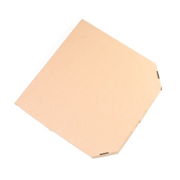 Photo of Cardboard pizza box on white background, top view. Mockup for design