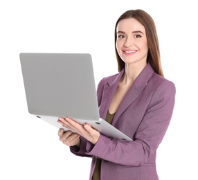 Photo of Portrait of beautiful woman with laptop on white background