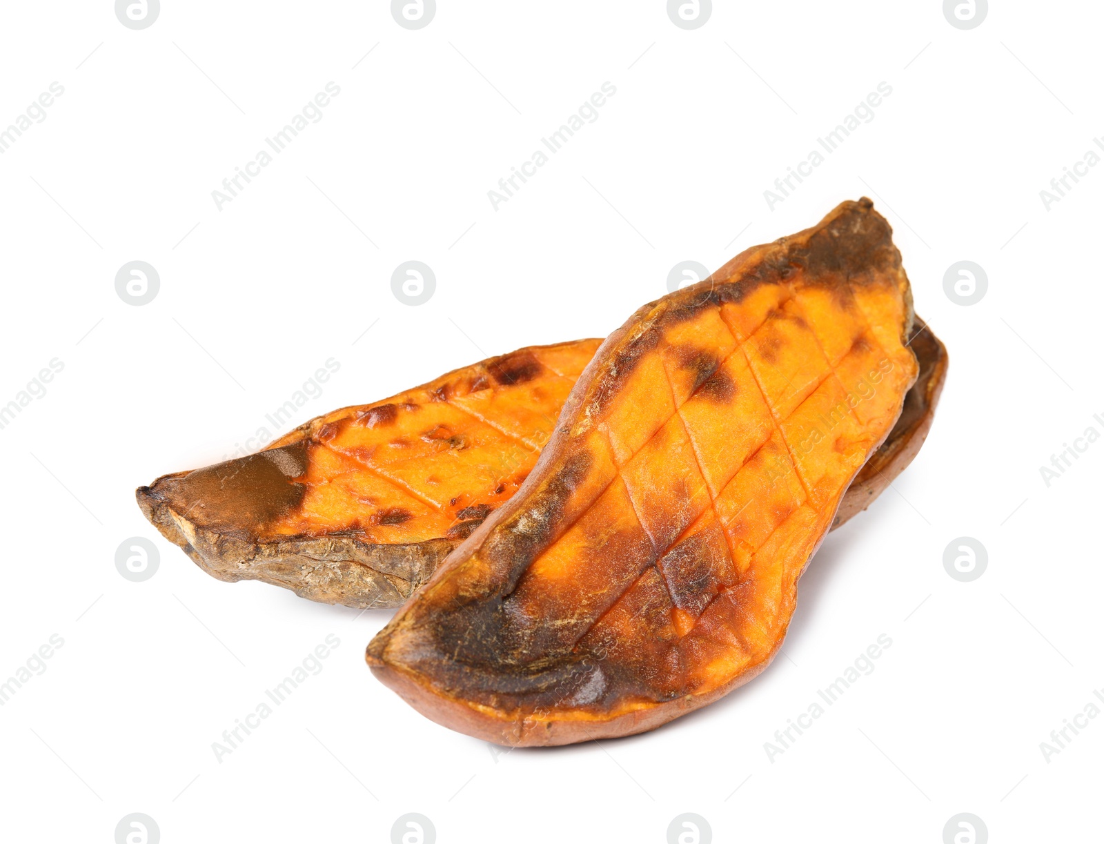 Photo of Pieces of baked sweet potato on white background