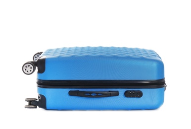 Photo of Blue suitcase for travelling on white background