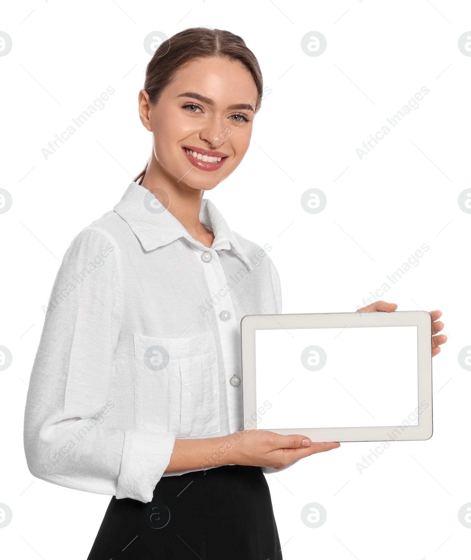 Photo of Portrait of hostess with tablet on white background