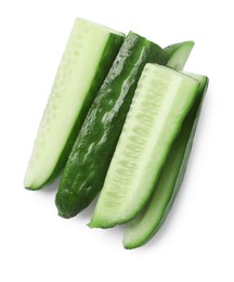 Photo of Slices of fresh cucumber isolated on white, top view