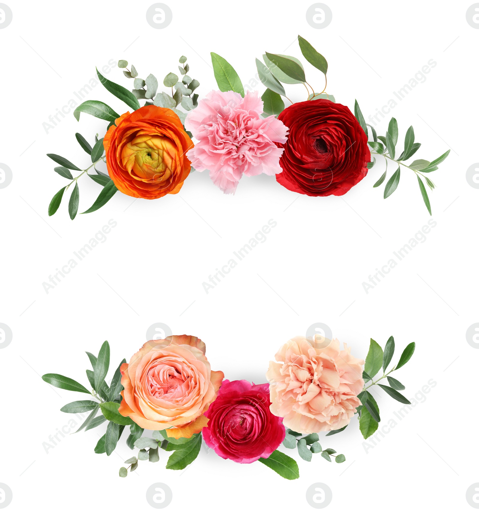 Image of Wreaths made of beautiful flowers on white background