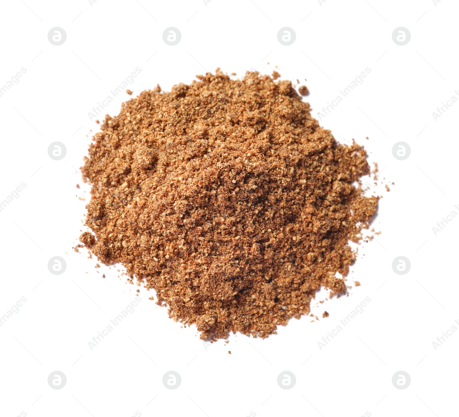 Photo of Heap of aromatic caraway (Persian cumin) powder isolated on white, top view