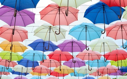 Photo of Many opened multicolored umbrellas on light background