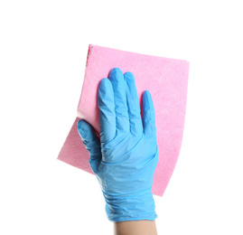 Photo of Woman in blue latex gloves with rag on white background, closeup of hand