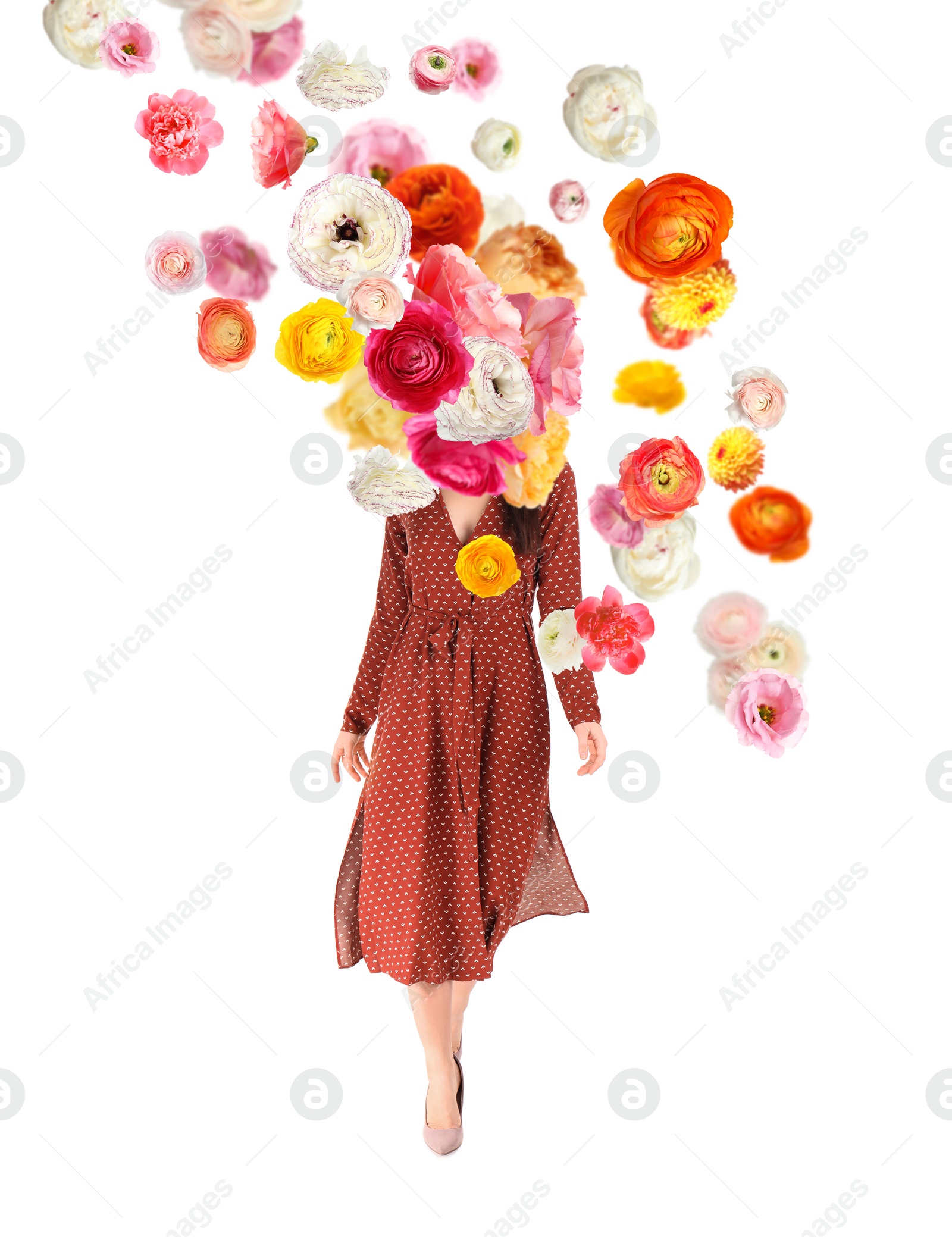 Image of Creative spring fashion composition. Walking girl and flowers splash