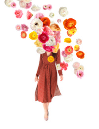 Creative spring fashion composition. Walking girl and flowers splash
