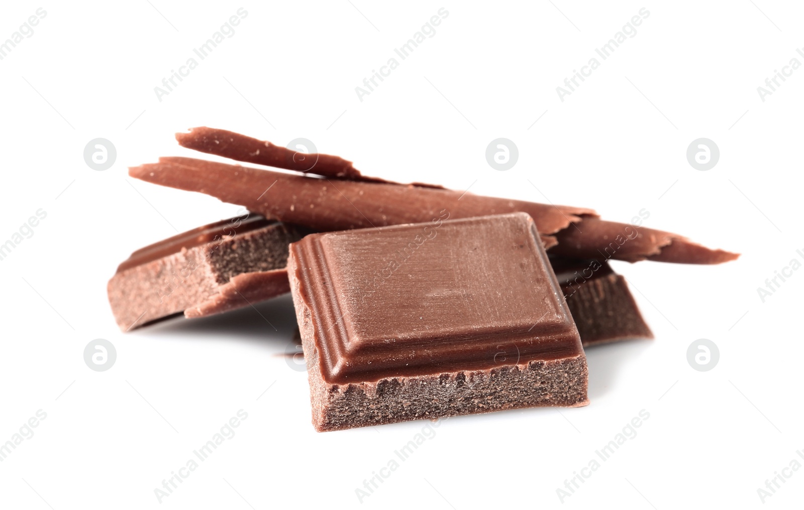 Photo of Chocolate curls and pieces isolated on white