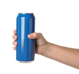 Woman holding blue aluminum can on white background, closeup