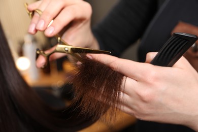 Hairdresser cutting client's hair with scissors in salon, closeup