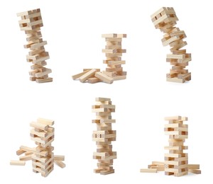 Image of Set of Jenga towers on white background