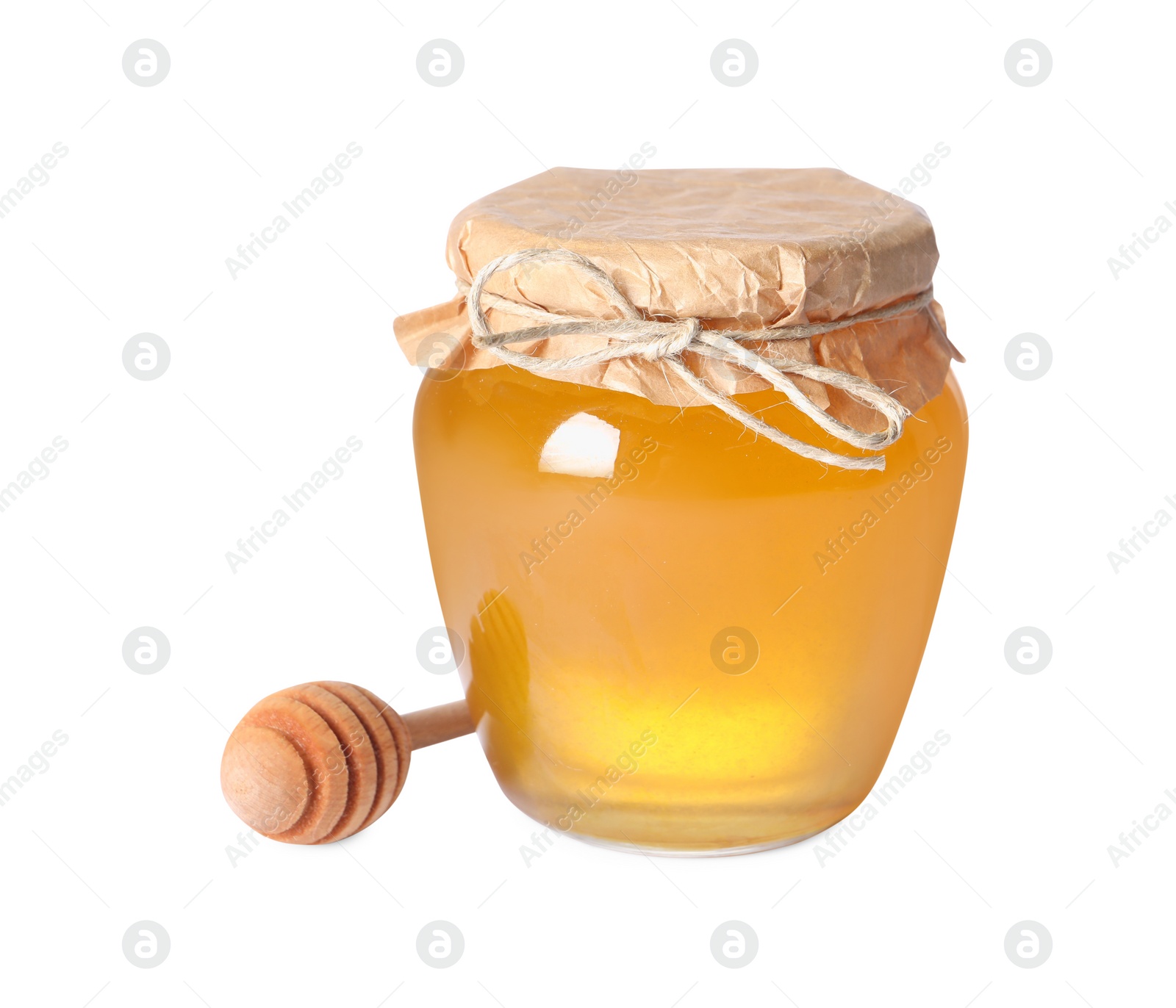 Photo of Tasty natural honey in glass jar and dipper isolated on white