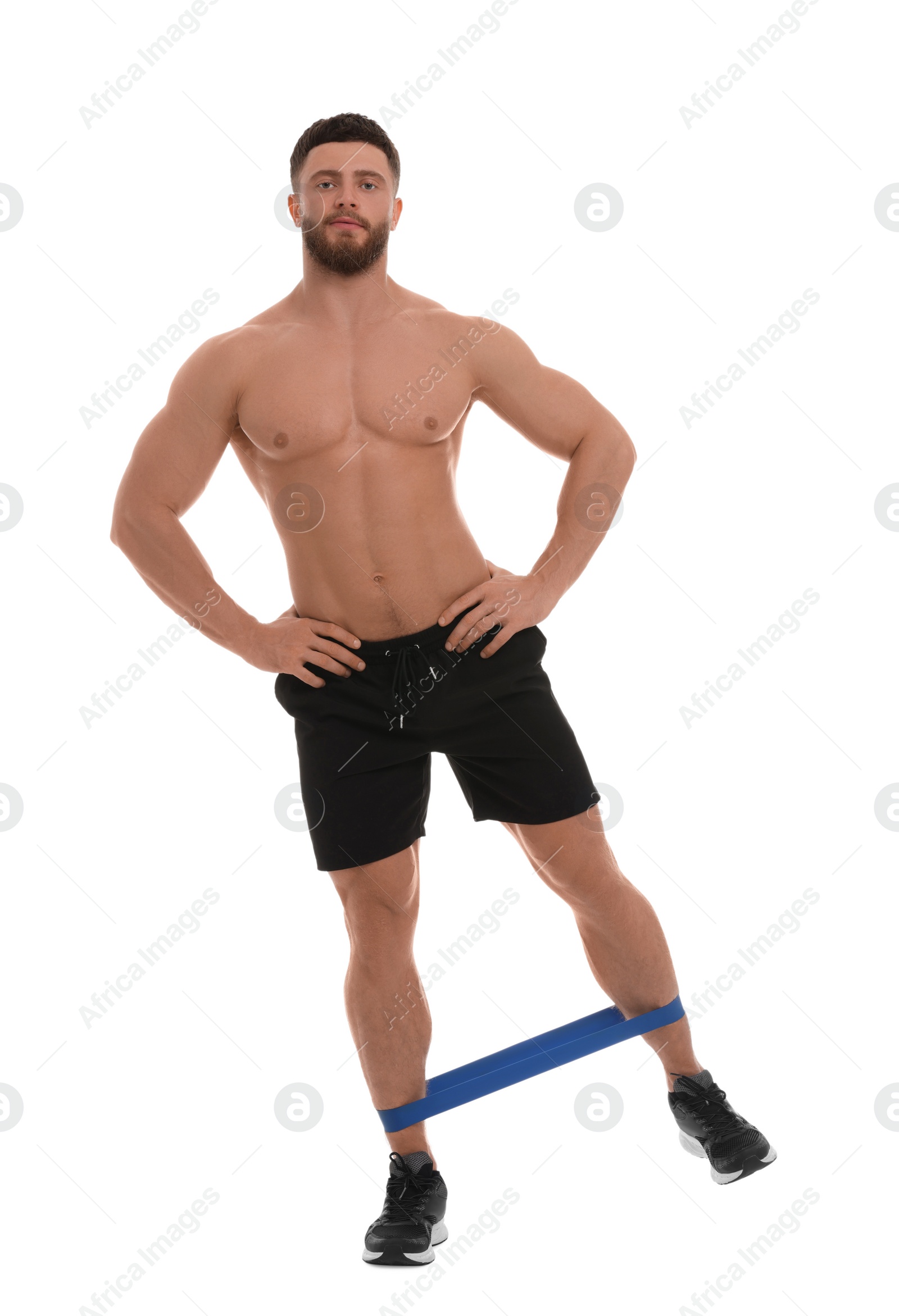 Photo of Young man exercising with elastic resistance band on white background