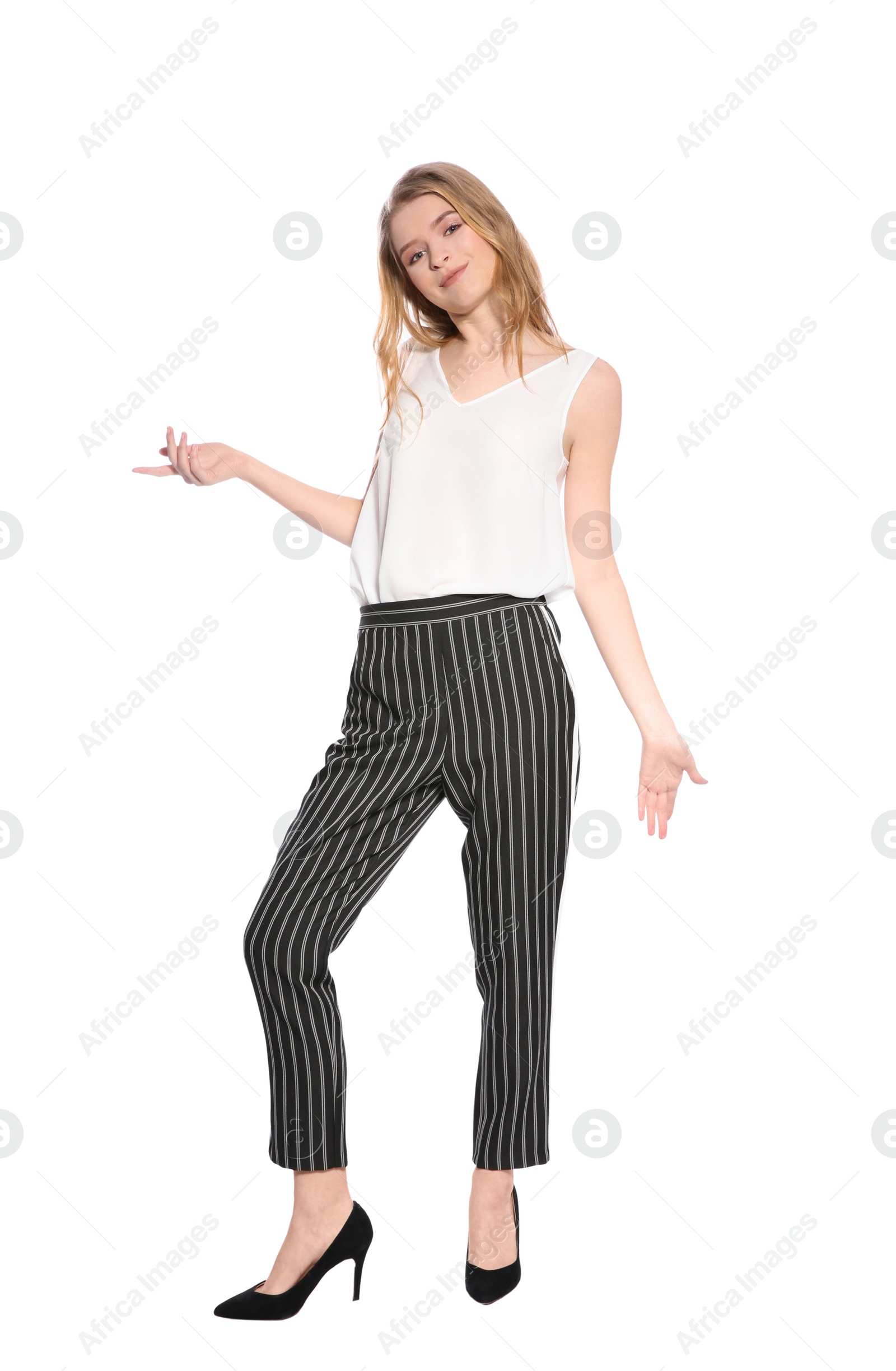 Photo of Portrait of beautiful young woman on white background