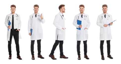 Image of Happy medical nurse on white background, set of photos