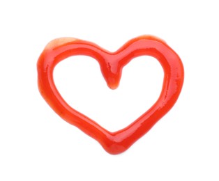 Photo of Heart made of tasty ketchup isolated on white, top view