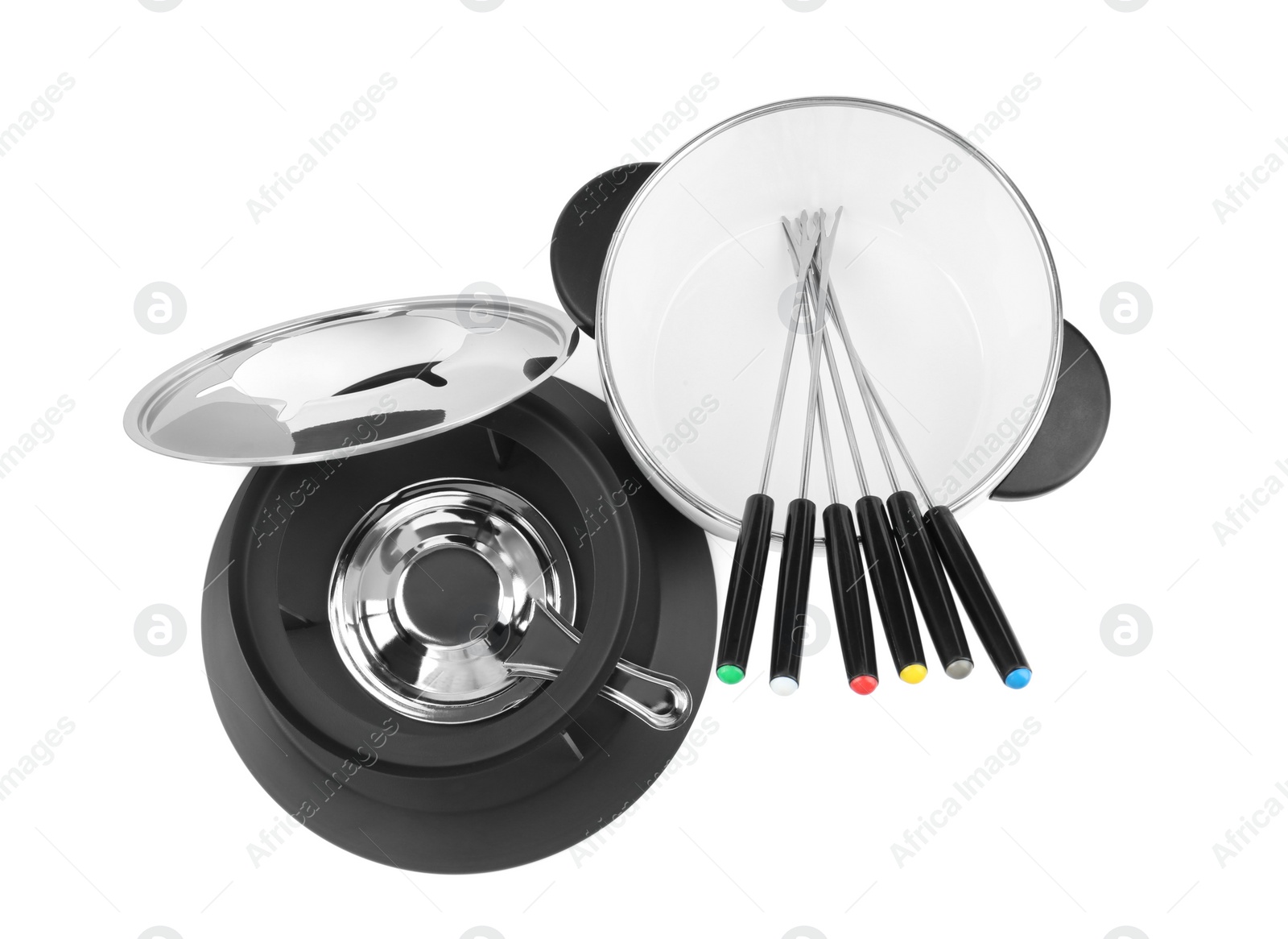 Photo of Fondue set isolated on white, top view. Kitchen equipment