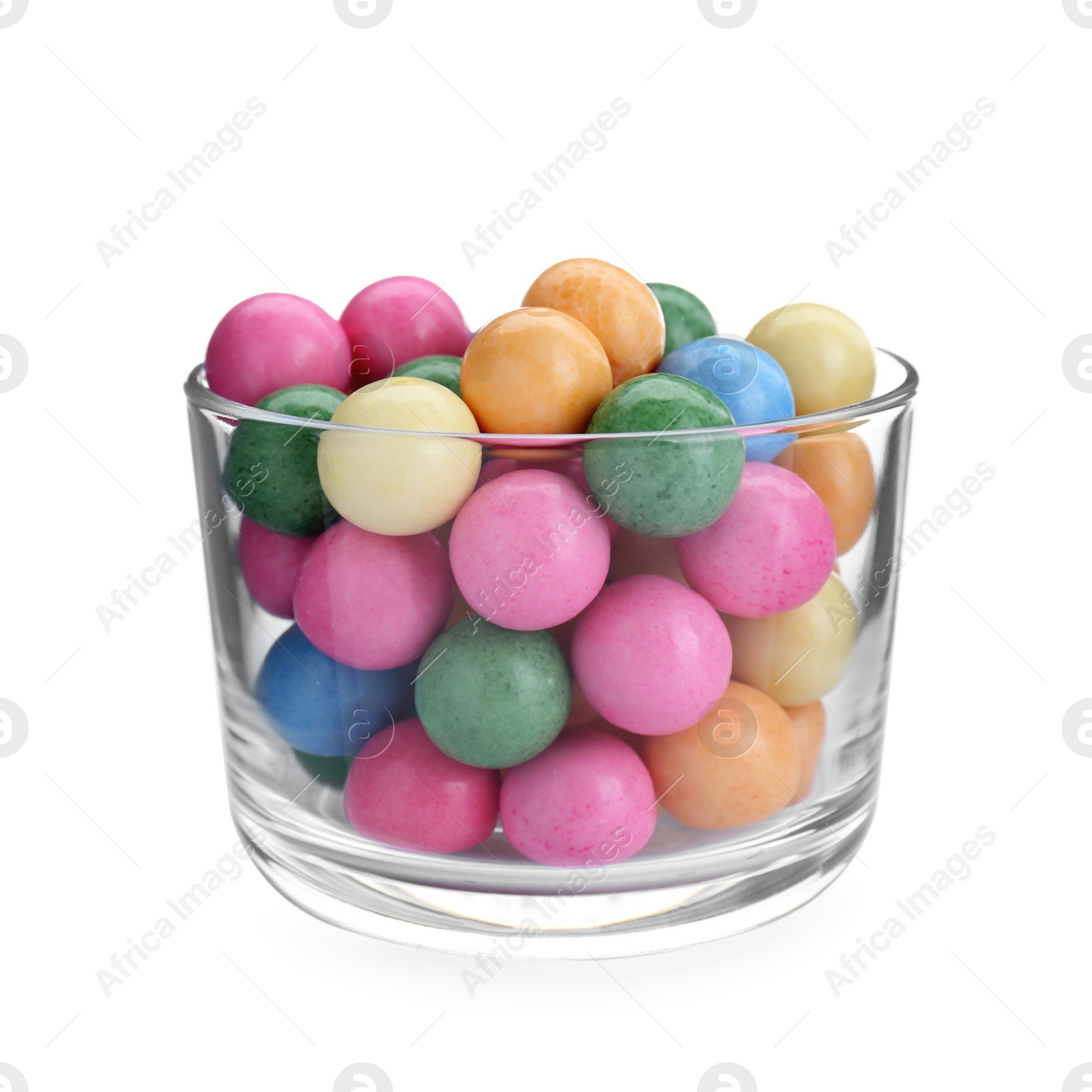 Photo of Bowl with many bright gumballs isolated on white