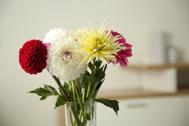 Photo of Bouquet of beautiful Dahlia flowers in vase at home. Space for text