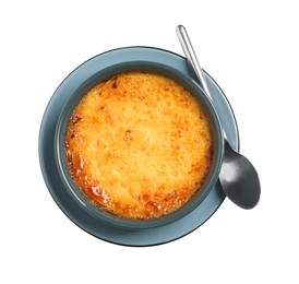 Photo of Delicious creme brulee in ceramic ramekin with spoon isolated on white, top view