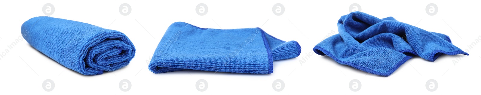 Image of Set with blue microfiber cloths on white background. Banner design