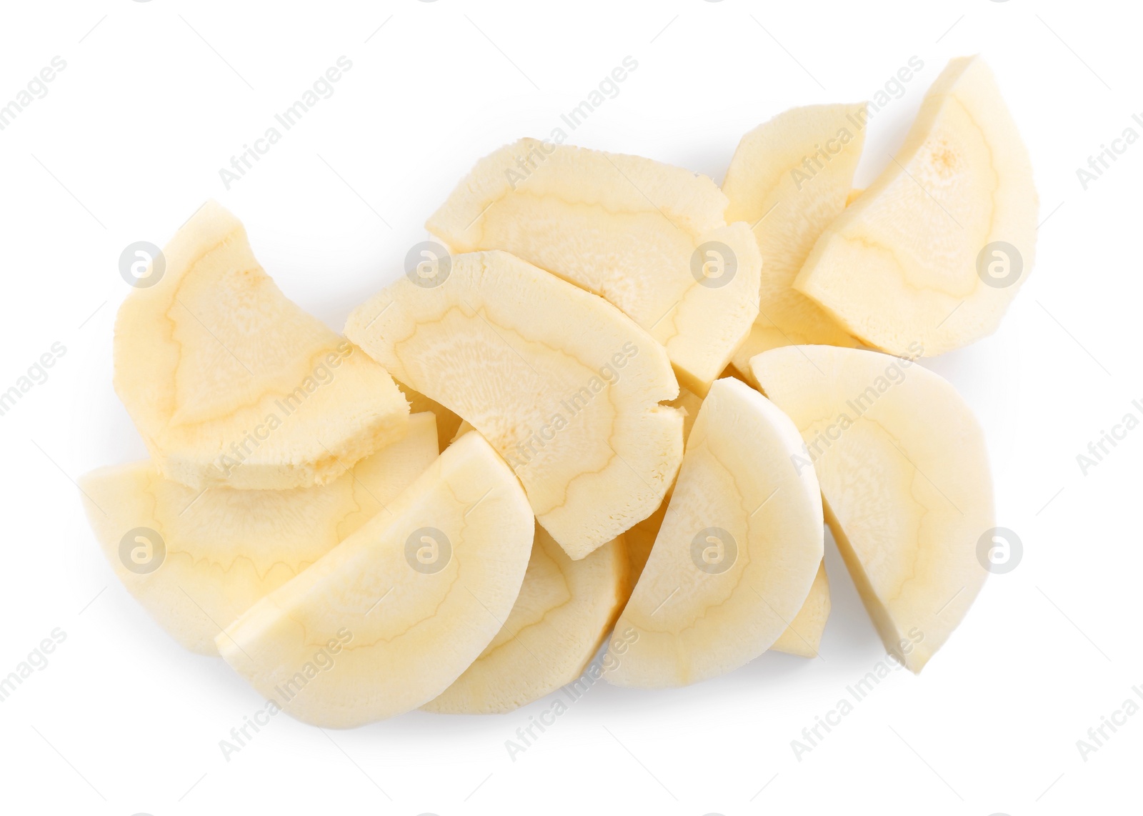 Photo of Tasty cut fresh ripe parsnip on white background, top view