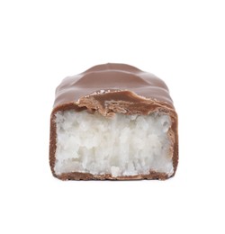 Piece of sweet tasty chocolate bar on white background