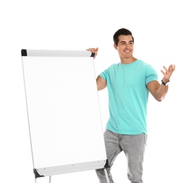 Professional business trainer near flip chart on white background