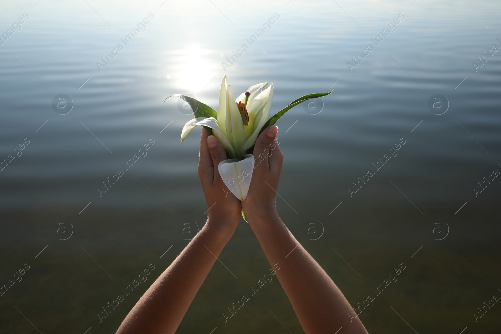 Photo of Woman with beautiful lily flower near river, closeup. Nature healing power