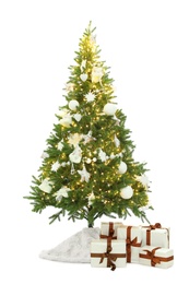 Photo of Decorated Christmas tree with faux fur skirt and gifts on white background