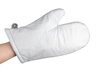 Photo of Chef in oven glove on white background, closeup