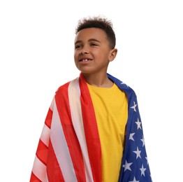 4th of July - Independence Day of USA. Happy boy with American flag on white background