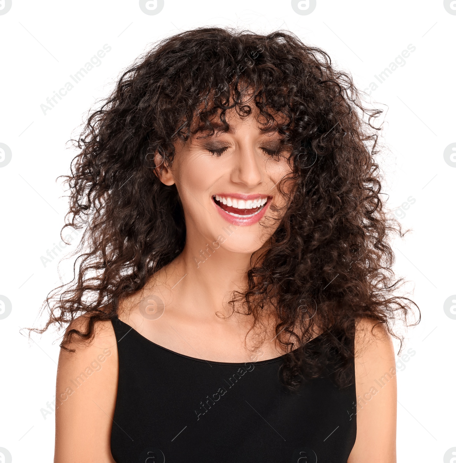 Photo of Beautiful young woman with long curly hair on white background