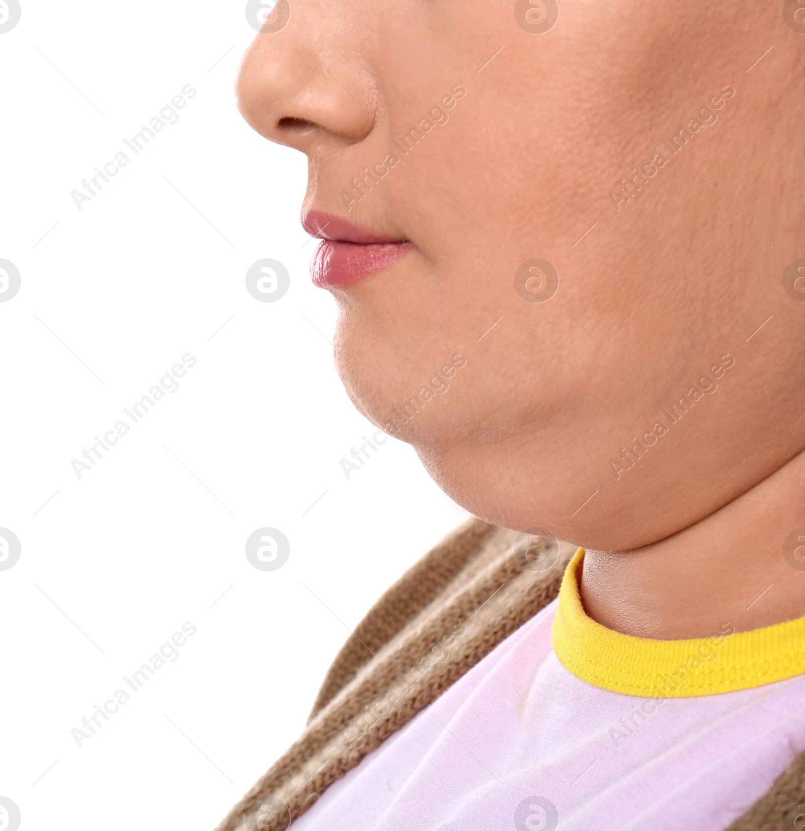 Photo of Woman with double chin on white background, closeup