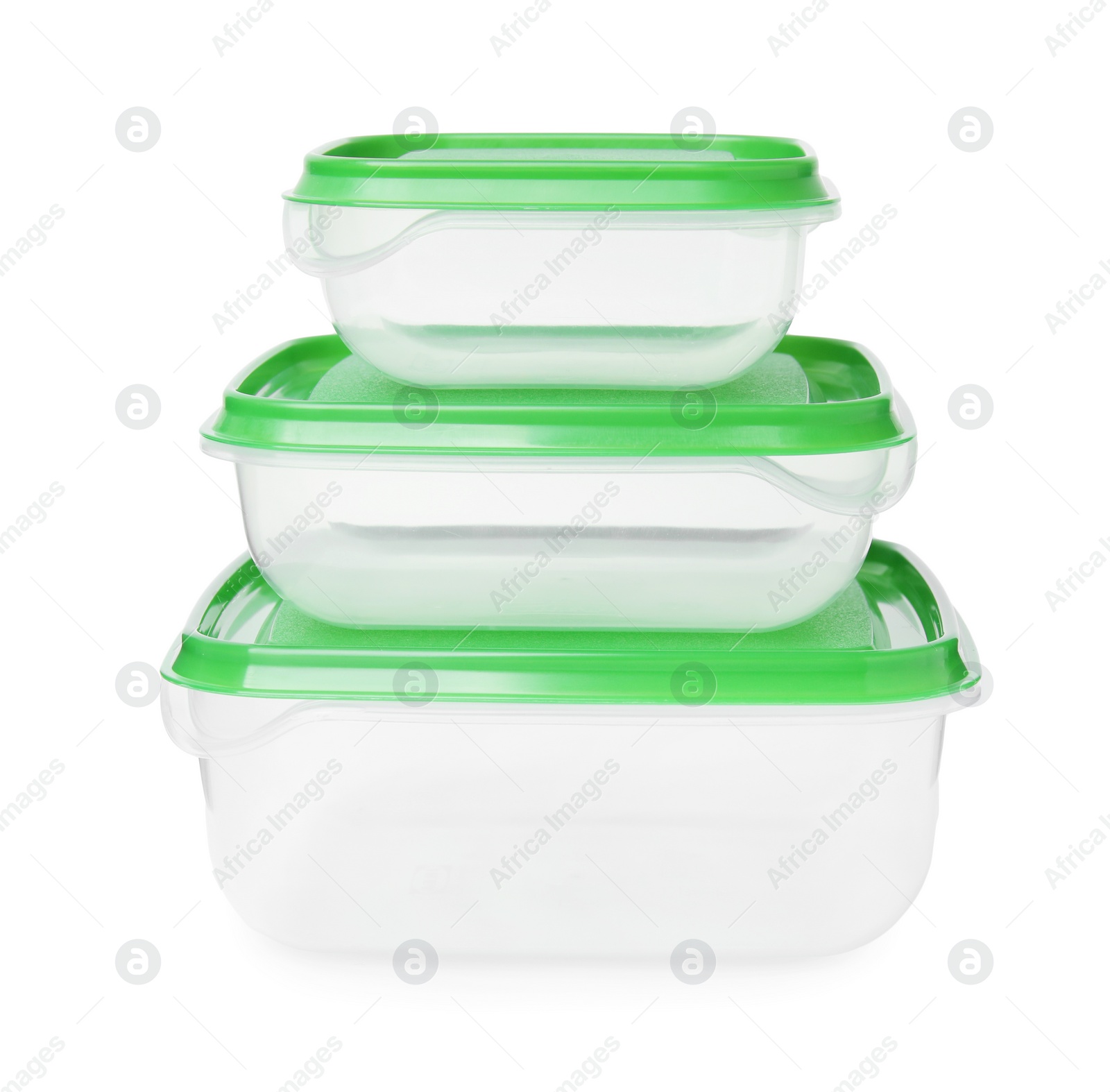 Photo of Empty plastic containers on white background. Food storage