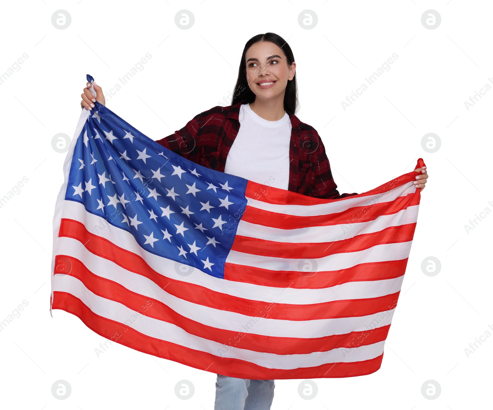 Image of 4th of July - Independence day of America. Happy woman holding national flag of United States on white background