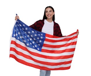 Image of 4th of July - Independence day of America. Happy woman holding national flag of United States on white background