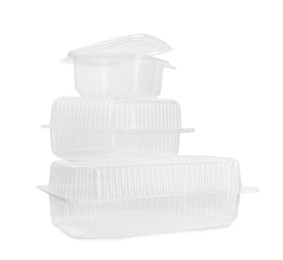 Photo of Empty plastic containers for food on white background
