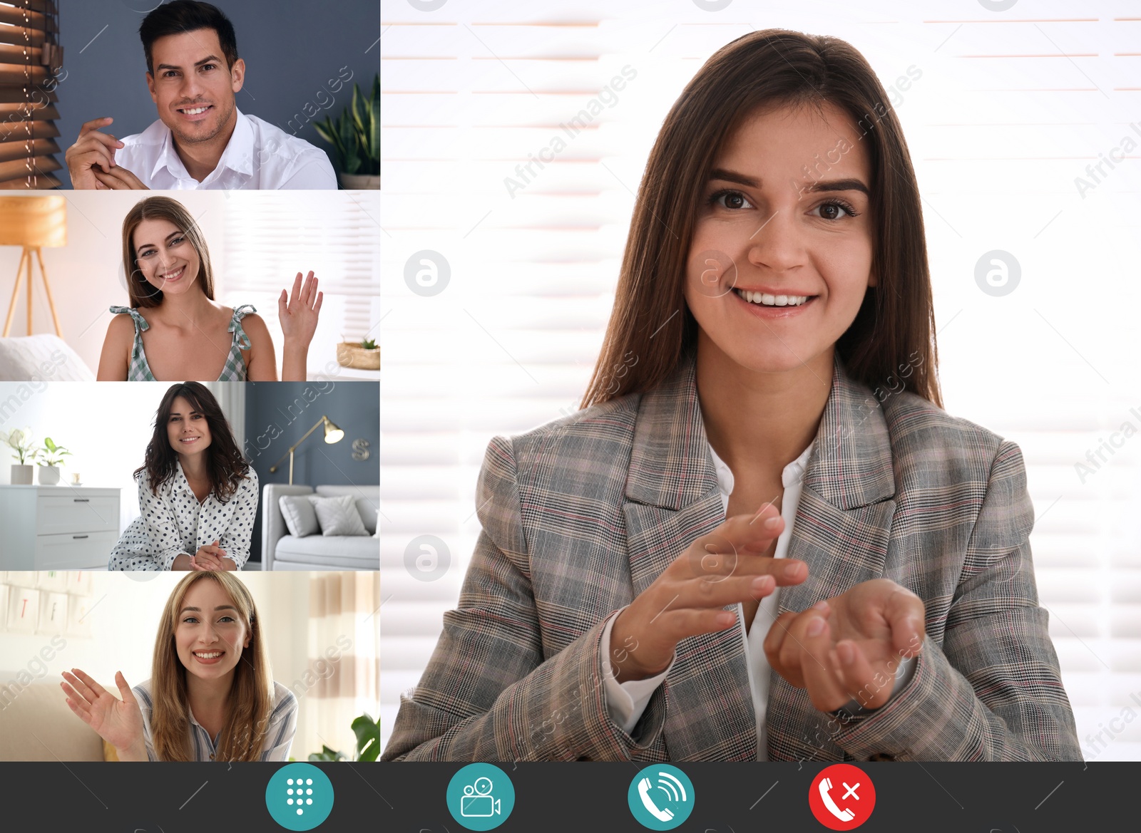 Image of Coworkers using video chat to work remotely. People on display, views through camera