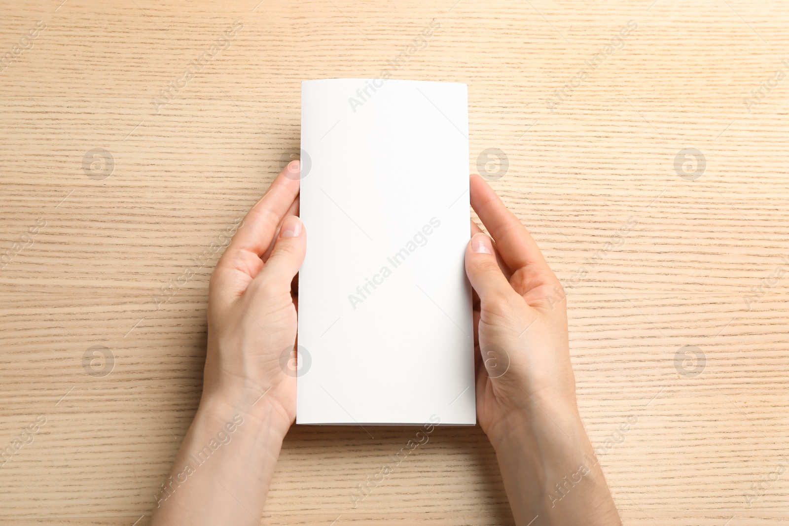 Photo of Young woman holding blank brochure at light wooden table, top view. Mock up for design